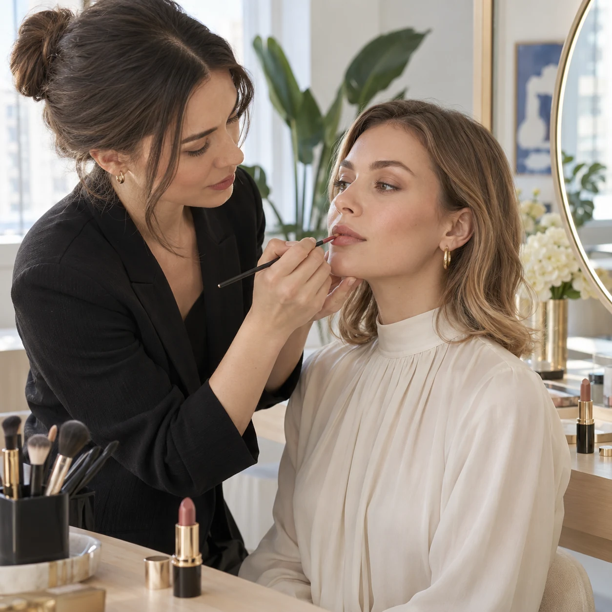 Визажист кистью наносит нейтральный оттенок на губы клиентки