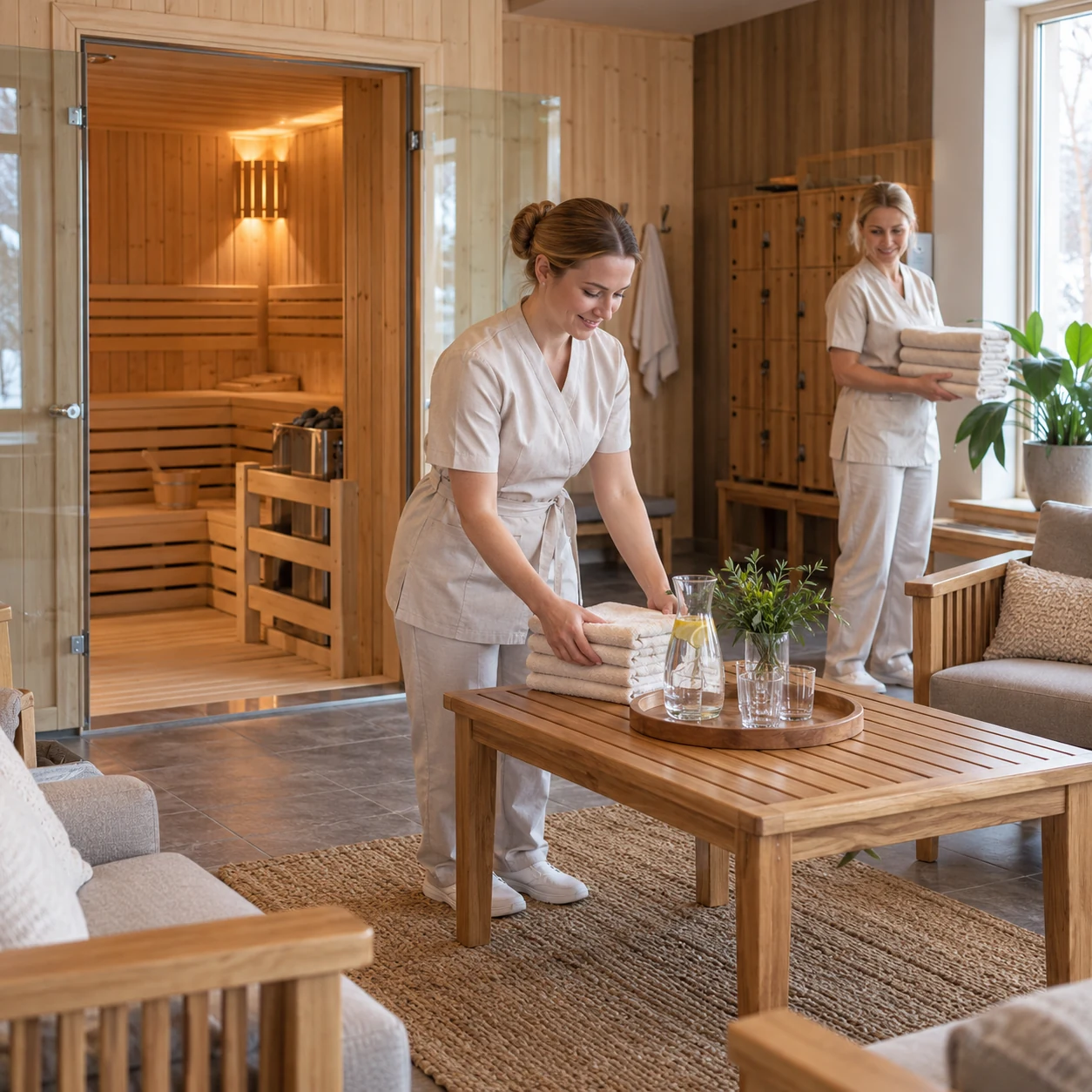 Команда тихого wellness-пространства. Сухая сауна и уютная зона отдыха.